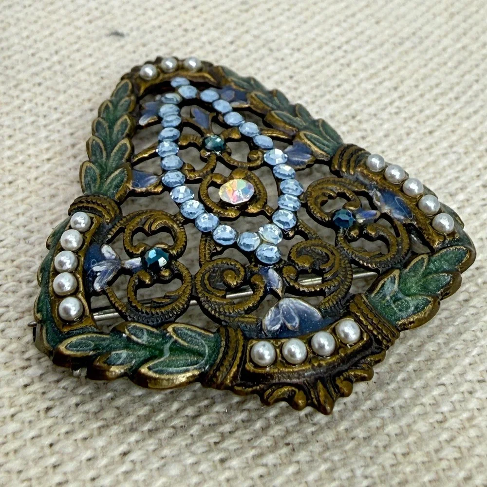 Anne Koplik Designs Filigree Shield Brooch Blue Rhinestone Faux‎ Pearl Enamel